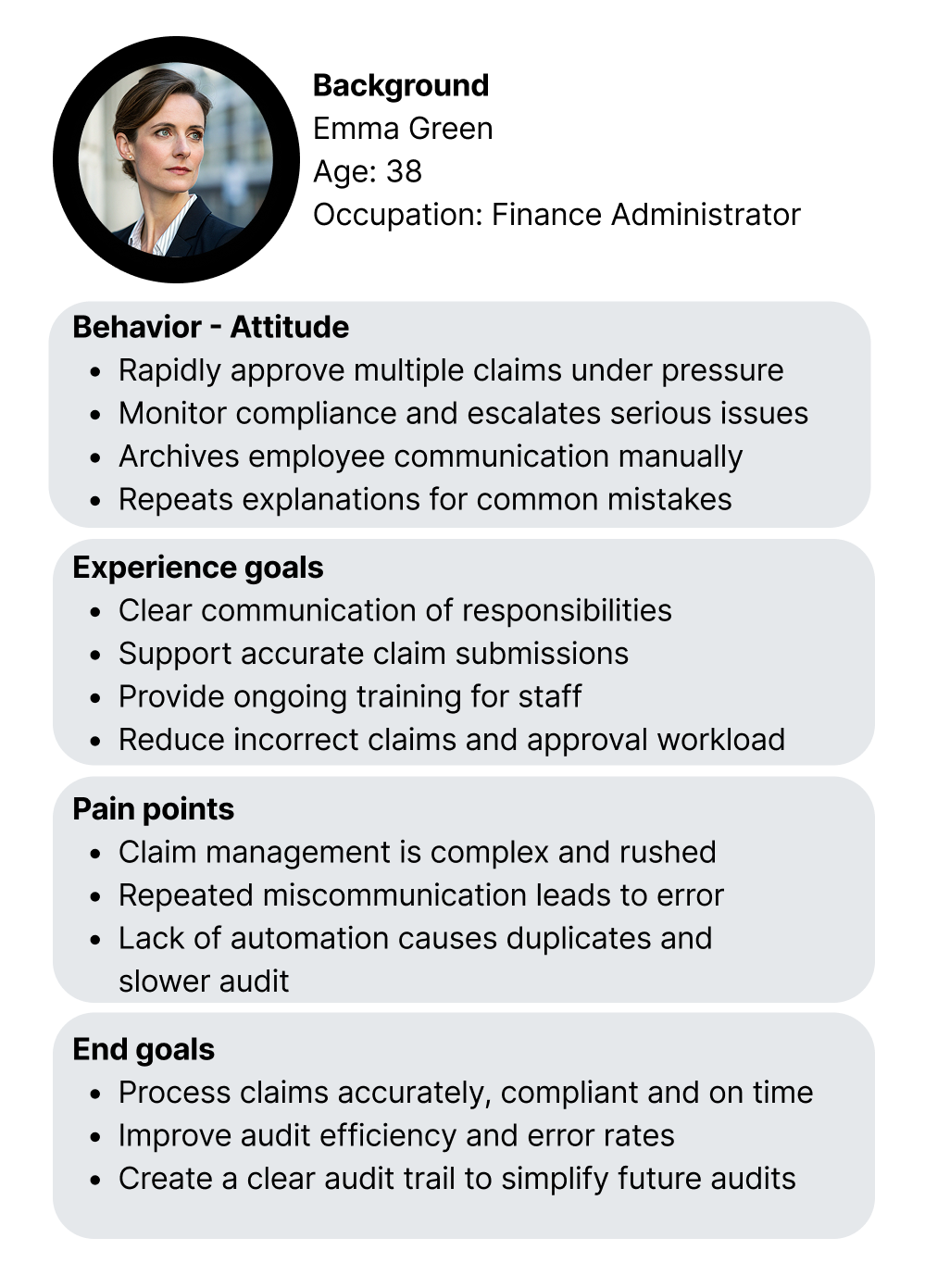 Image of the persona for the finance team user group
