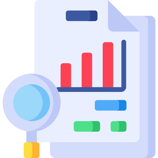 Icon displaying a a magnifying glass with some documents