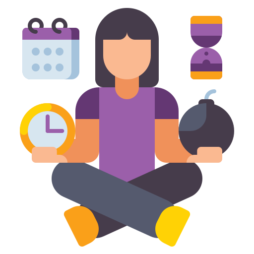 Icon showing a woman balancing multiple things like a clock, a calendar, and a bomb